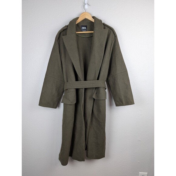 ZARA Khaki Green Oversized BELTED WOOL Notch Lapel Collar COAT Limited Edition L